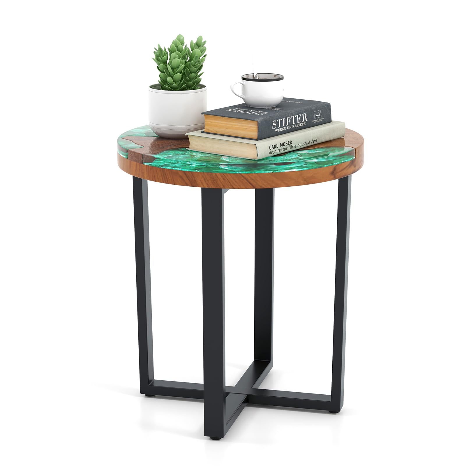 20” Teak Wood Outdoor Side Table - Round End Table with Epoxy Resin Tabletop