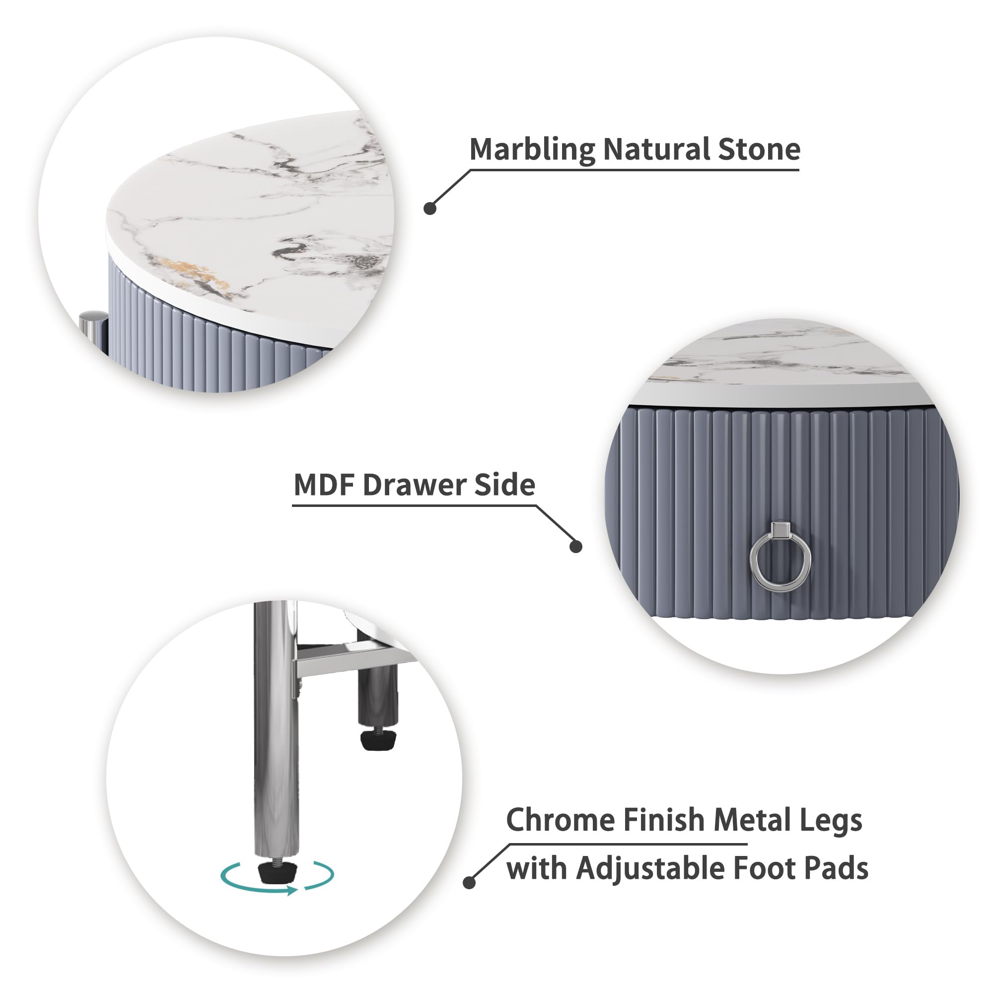 Round Side Table with Drawer, Modern Nightstand with Shelf and Chrome