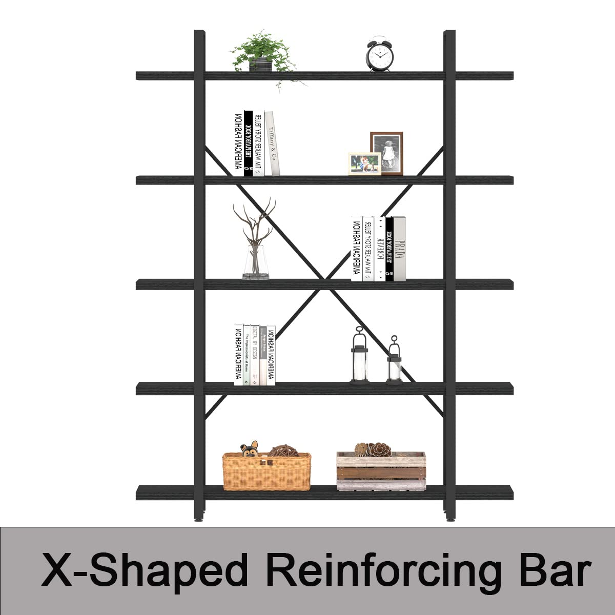 HSH 5 Tier Tall Black Bookshelf, Wood and Metal Storage Book Rack, Industrial Modern Etagere 5 Shelf Bookcase, Large Wide Open Display Book Shelf for Bedroom Living Room Office, Bookshelves Heavy Duty