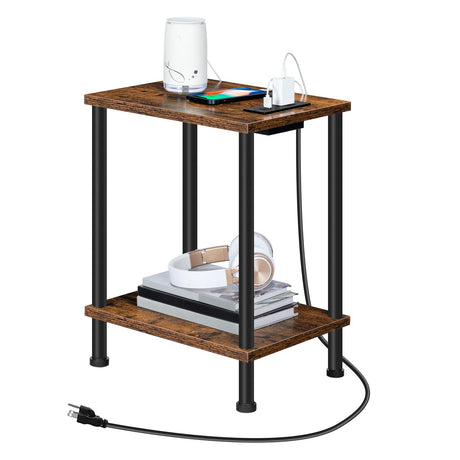 Side/End Table with Charging Station, USB Ports and Outlet, Nightstand with 2-Layer Storage Shelves for Small Spaces, Living Room, Bedroom, Stable Frame, Rustic Brown BF09UBZ01