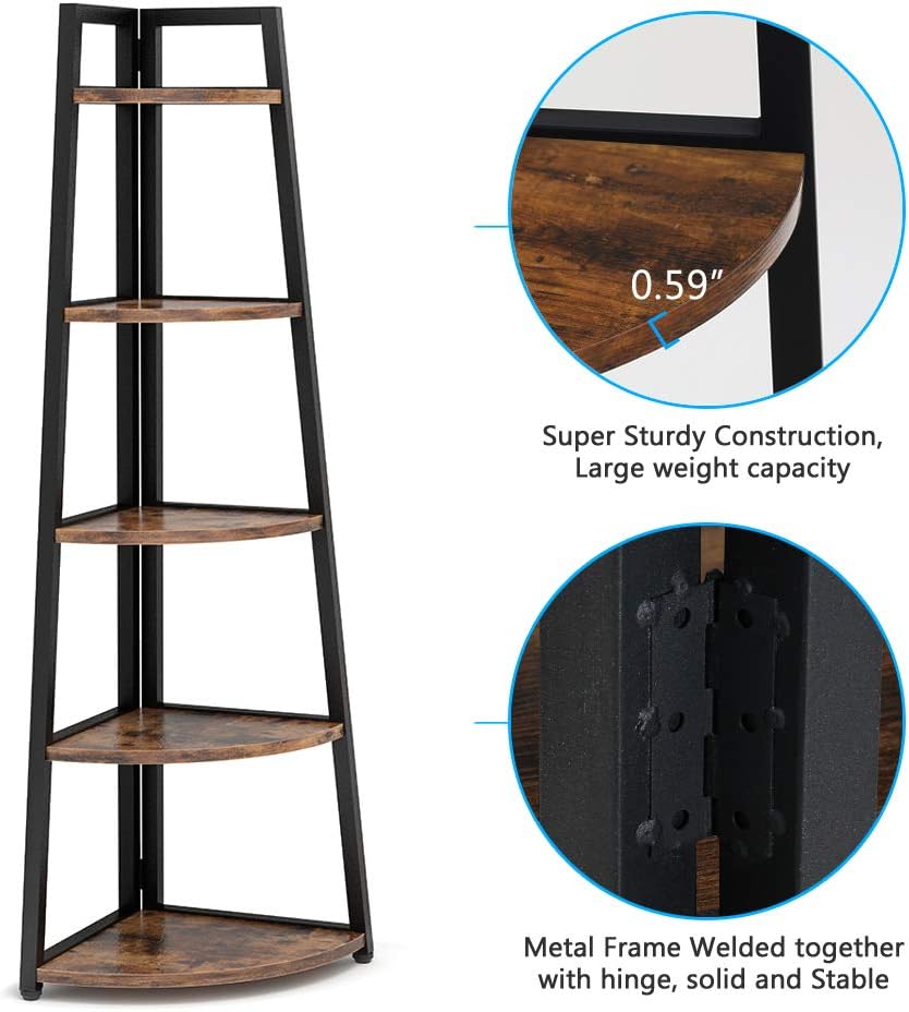 70 inch Tall Corner Shelf, 5 Tier Rustic Corner Bookshelf Bookcase Industrial Corner Ladder Shelf Plant Stand for Living Room, Kitchen, Home Office (Brown)