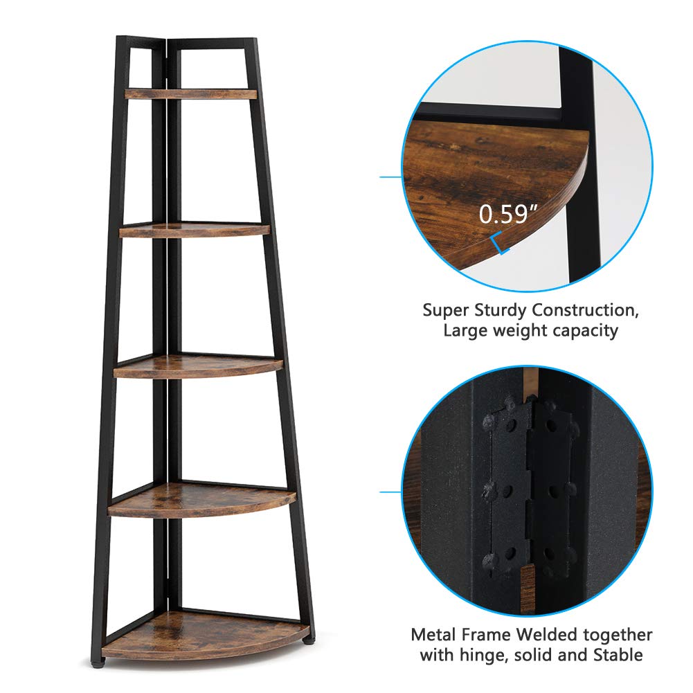 70 inch Tall Corner Shelf, 5 Tier Rustic Corner Bookshelf Bookcase Industrial Corner Ladder Shelf Plant Stand for Living Room, Kitchen, Home Office (Brown)