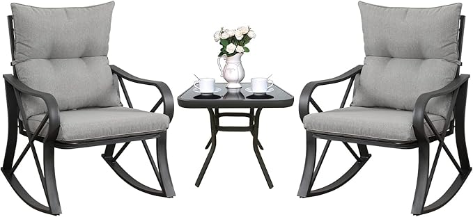 3 Piece Bistro Set Patio Rocking Chairs Outdoor Furniture w Warm Gray Cushions