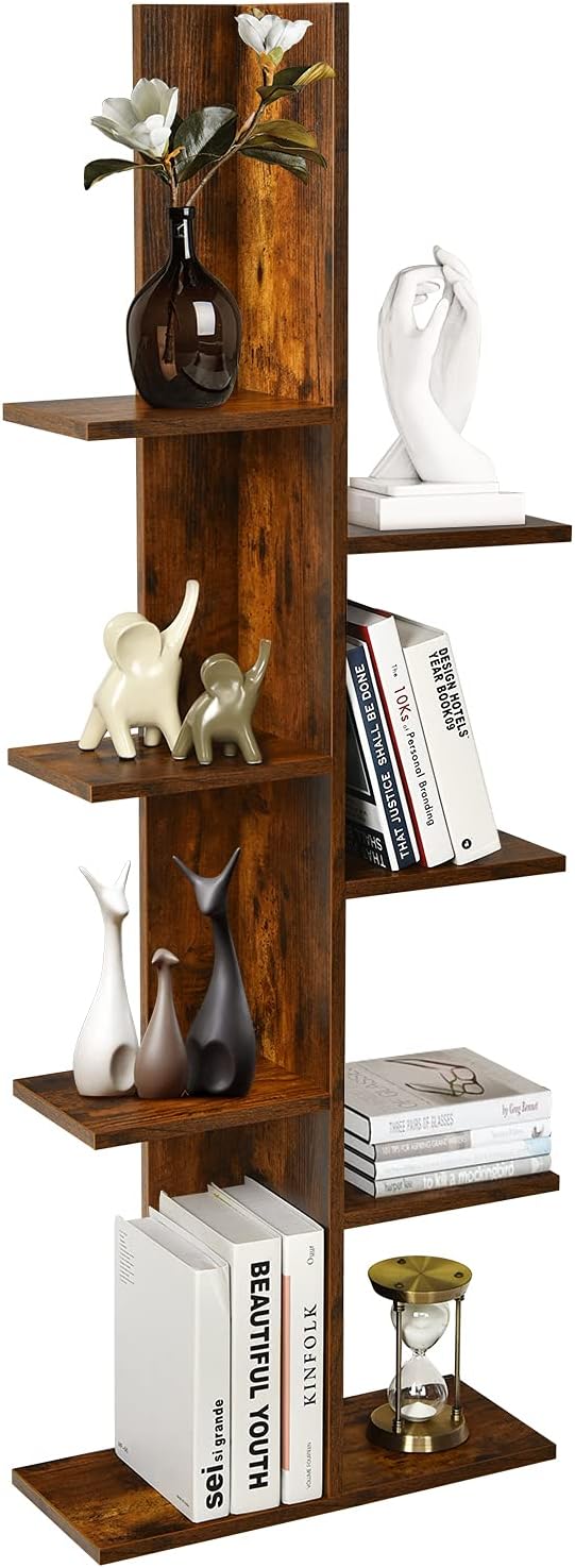 Tree Bookshelf, 7-Tier Tall Freestanding Wood Bookshelf with Anti-toppling, Modern Multipurpose Display Storage Rack Organizer Corner Shelf for Books, Photos, Black
