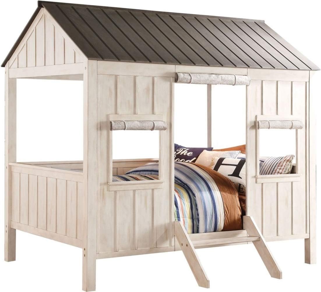 Merax Full Size Bed, Cottage Design Solid Wood Full Bed Frame, Roof Top with White Finish, Wooden Slat System,Light Brown Curtain Design, Ideal for Kids, Toddlers, No Box Spring Needed (White&Grey)