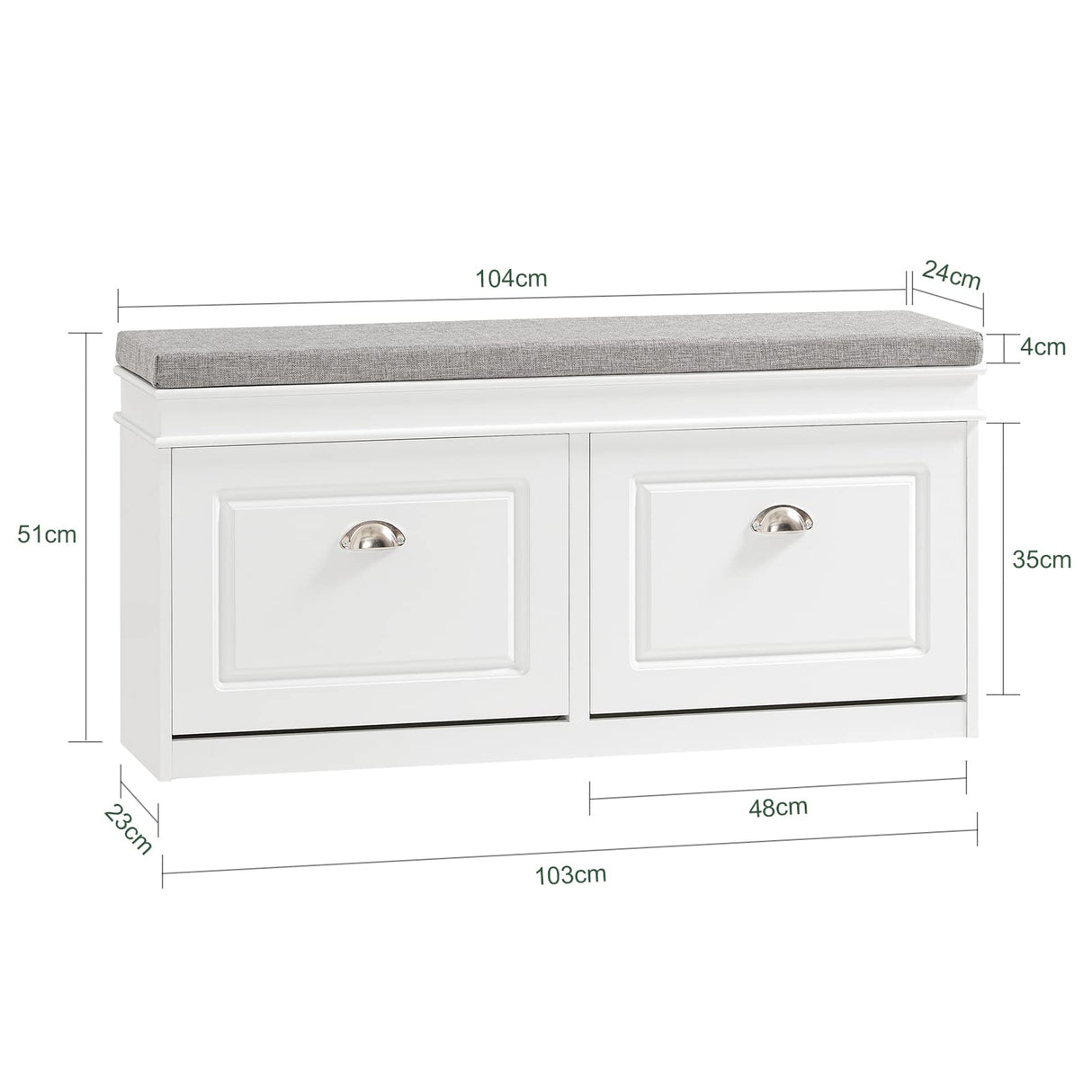 FSR64-W, White Shoe Storage Bench with 2 Flip Drawers & Padded Seat Cushion