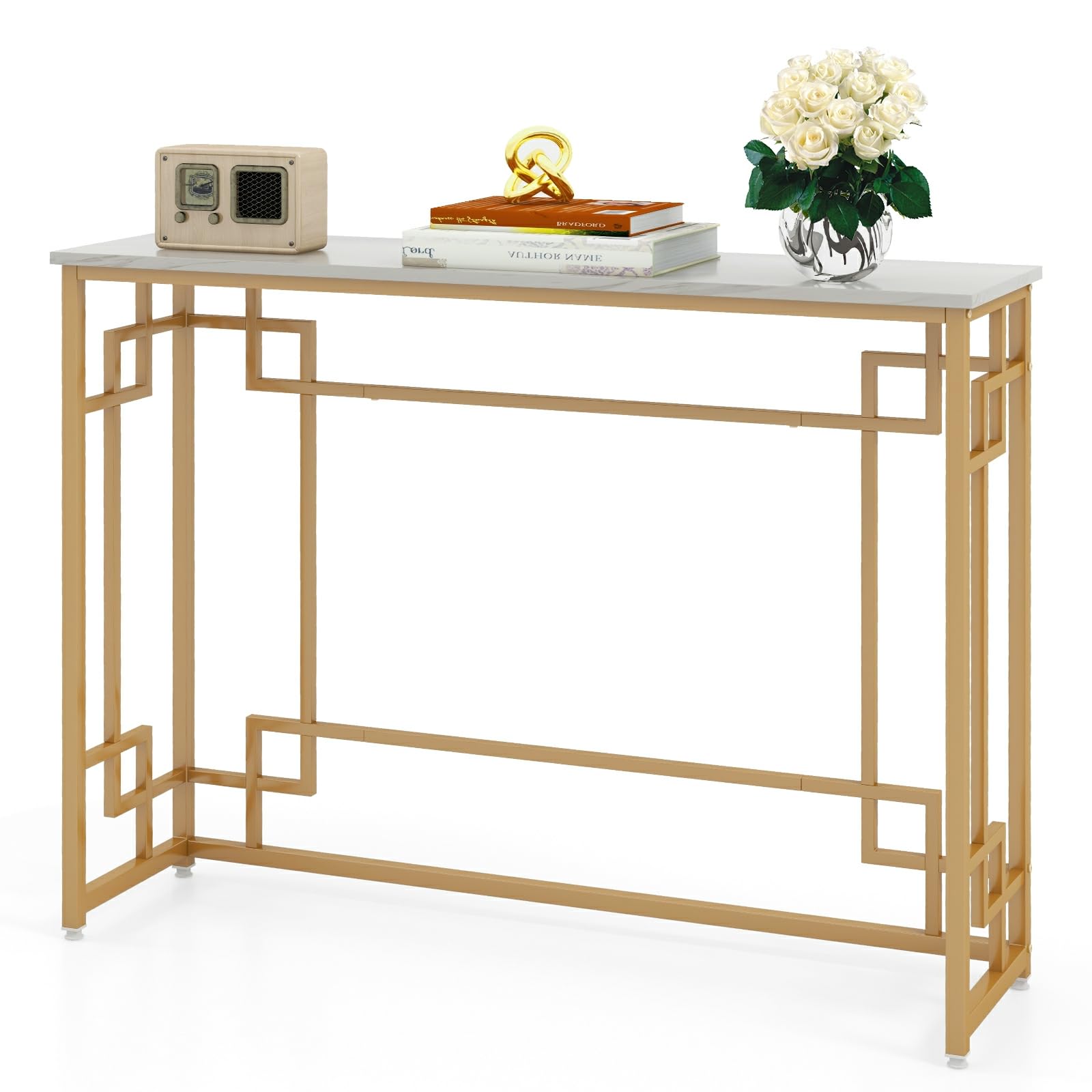 Modern Entryway Table, 43.5” Console Table with Golden Metal Frame, Faux Marble