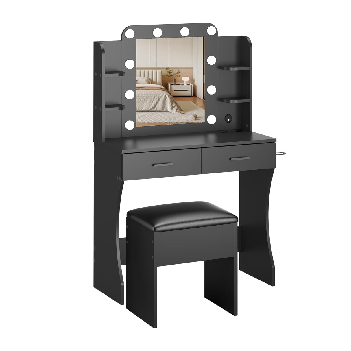 Set with Mirror, LED Lights and Power Outlet Makeup Table with 2 Large Drawers and Round Holder,