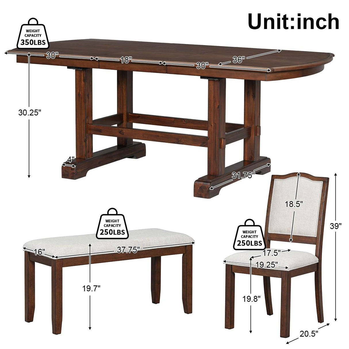 Harper & Bright Designs 6-Piece Dining Table Set for 6, 78inch Extendable Wood Rectangular Dining Table with Removable Leaf, Kitchen Table Set with 4 Upholstered Side Chair and Bench,Cherry
