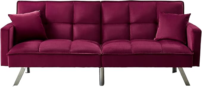 80'' Velvet Love seat Convertible Futon Two Pillows, Sleeper Couch