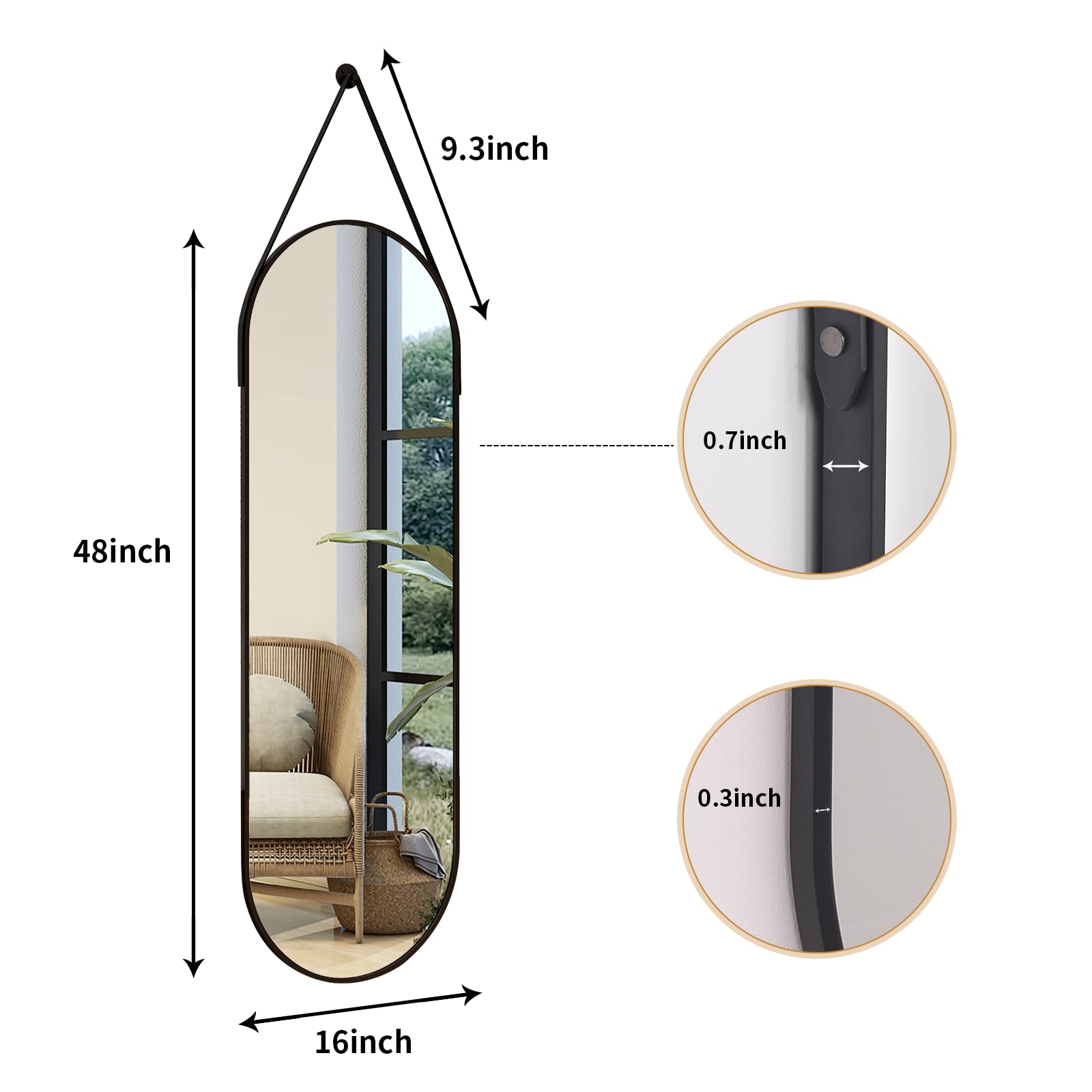 Full Length Oval Mirror 16x48 - Wall Mounted with Leather Hanging Strap
