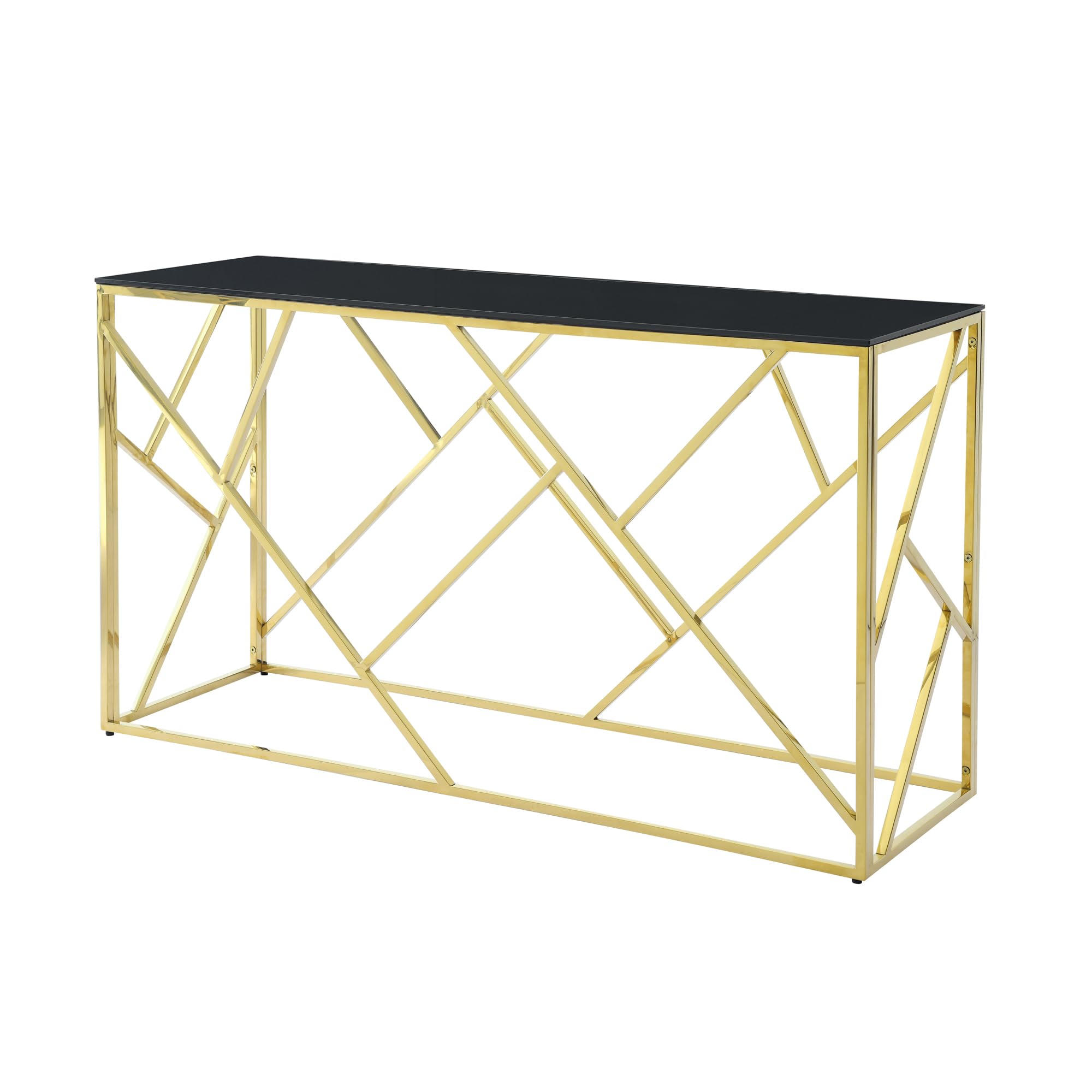 Modern Black Glass Console Table, Luxury 55" Rectangular Sofa Table with Gold