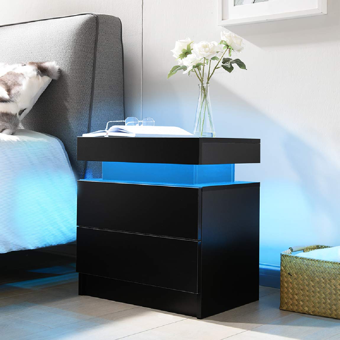 Nightstand LED Set of 2 Bedside Table Cabinet with Lights Modern End Side Drawers