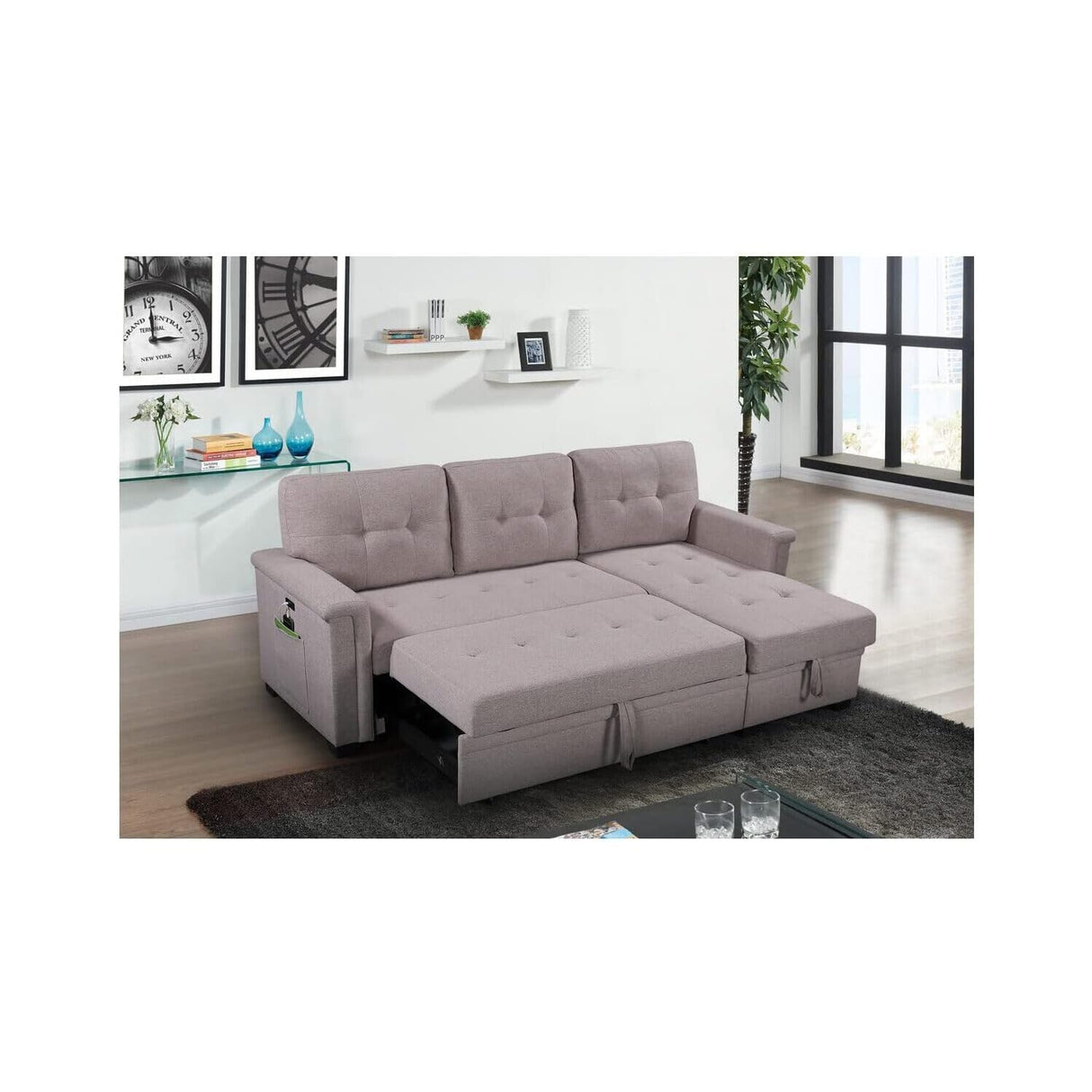 Ashlyn Light Gray Reversible Sleeper Sectional Sofa with Storage Chaise,