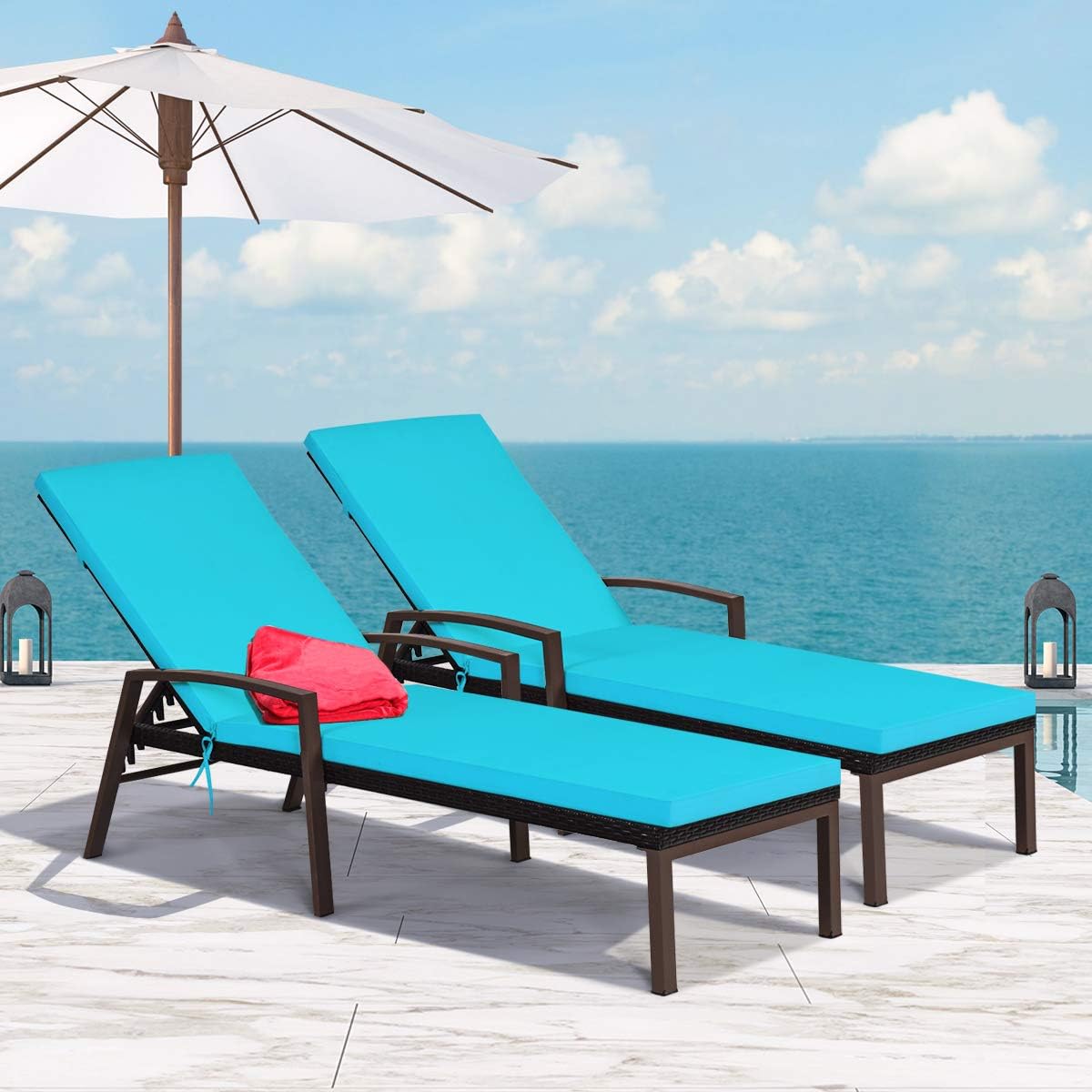 2PCS Rattan Lounge Chair Outdoor, Patio Wicker Chaise Lounge