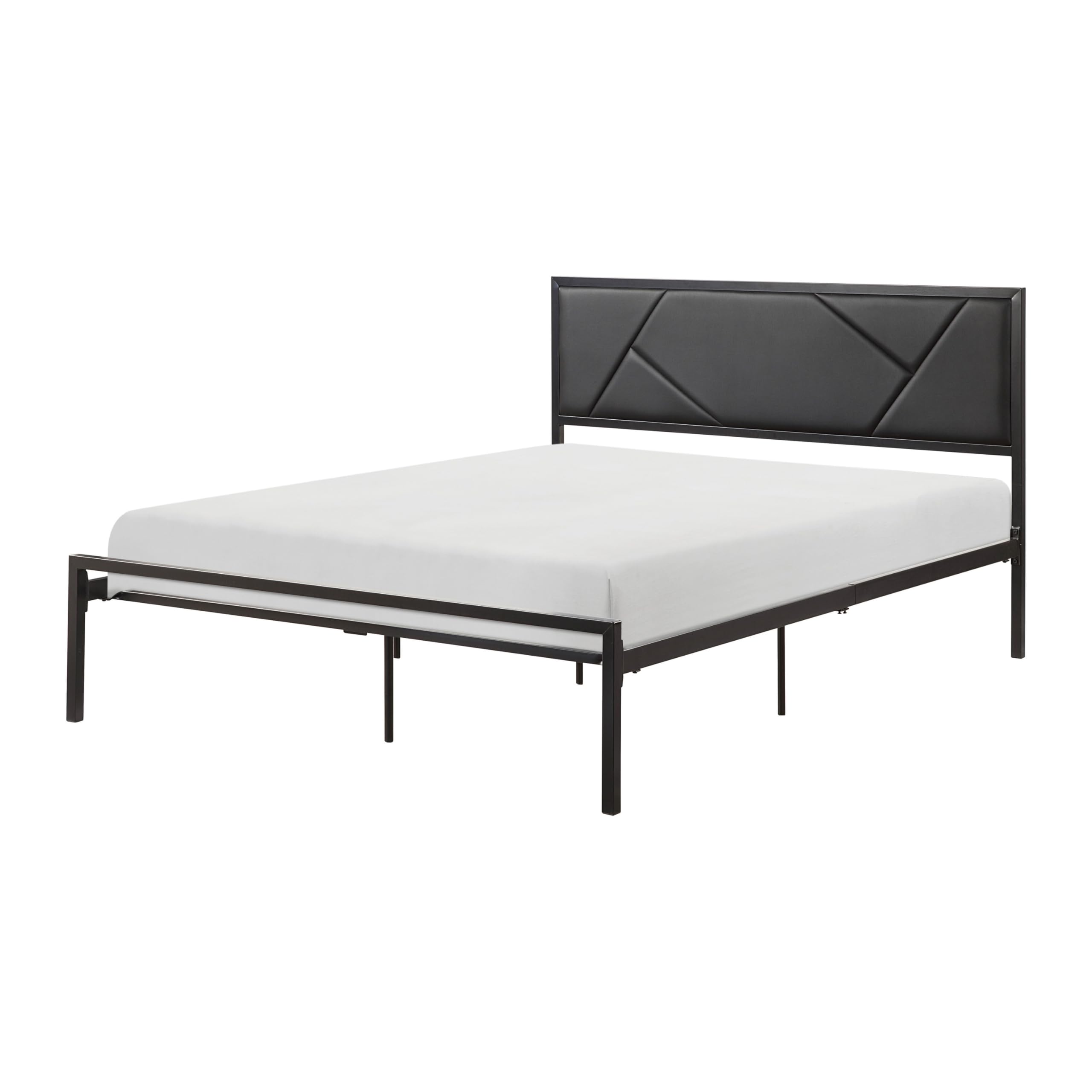 Nick Full Size Platform Bed, Faux Leather Upholstered Headboard, Black and Gray