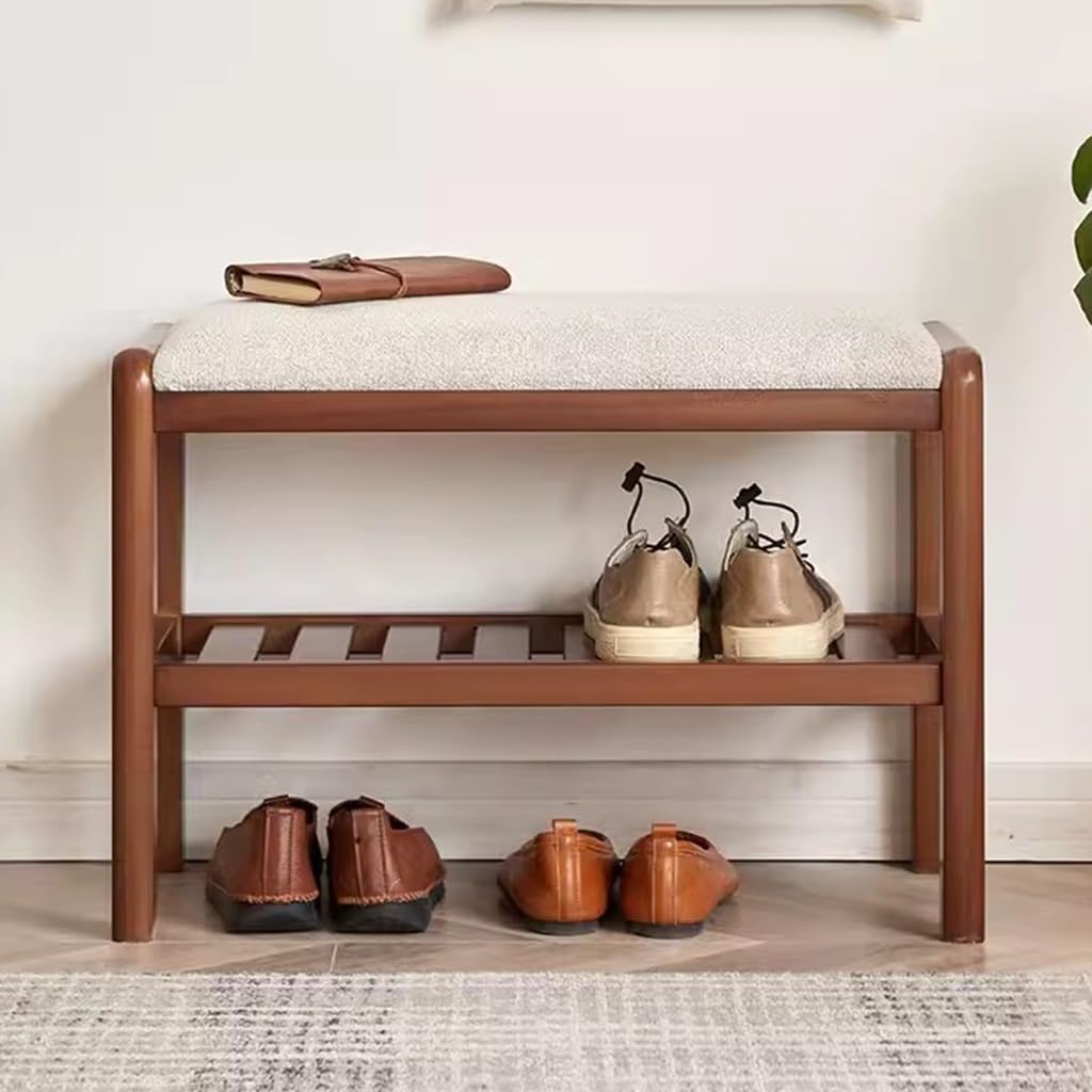 2-Tier Wooden Shoe Bench with Upholstered Cushion Seat