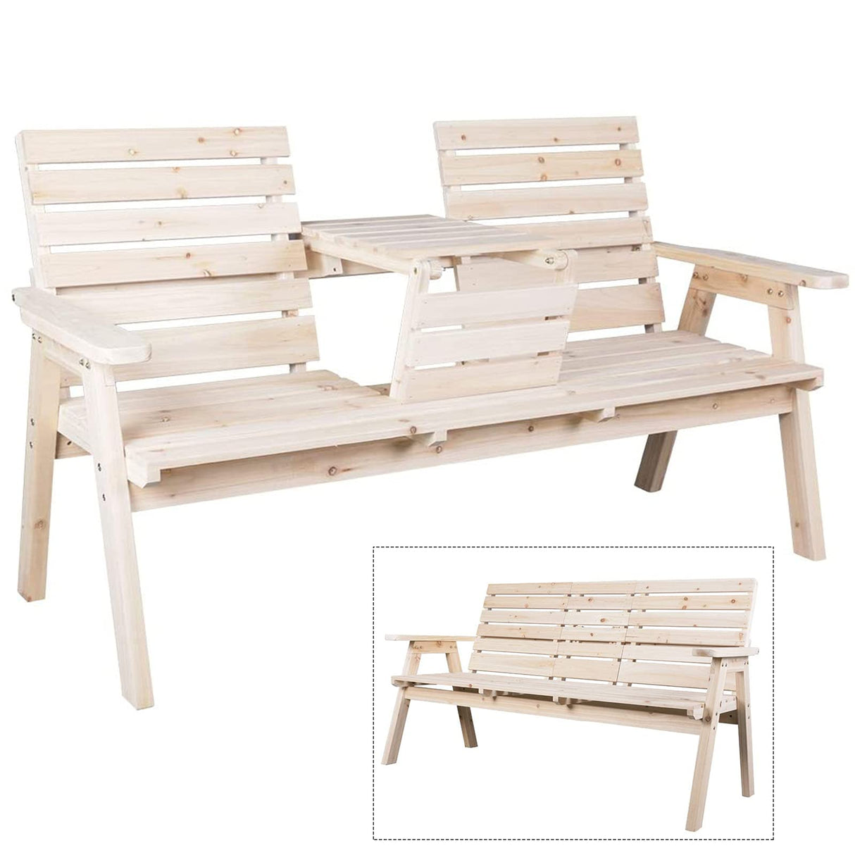 Cedar/Fir Log Wood Patio Garden Bench with Foldable Table, Outdoor Wooden