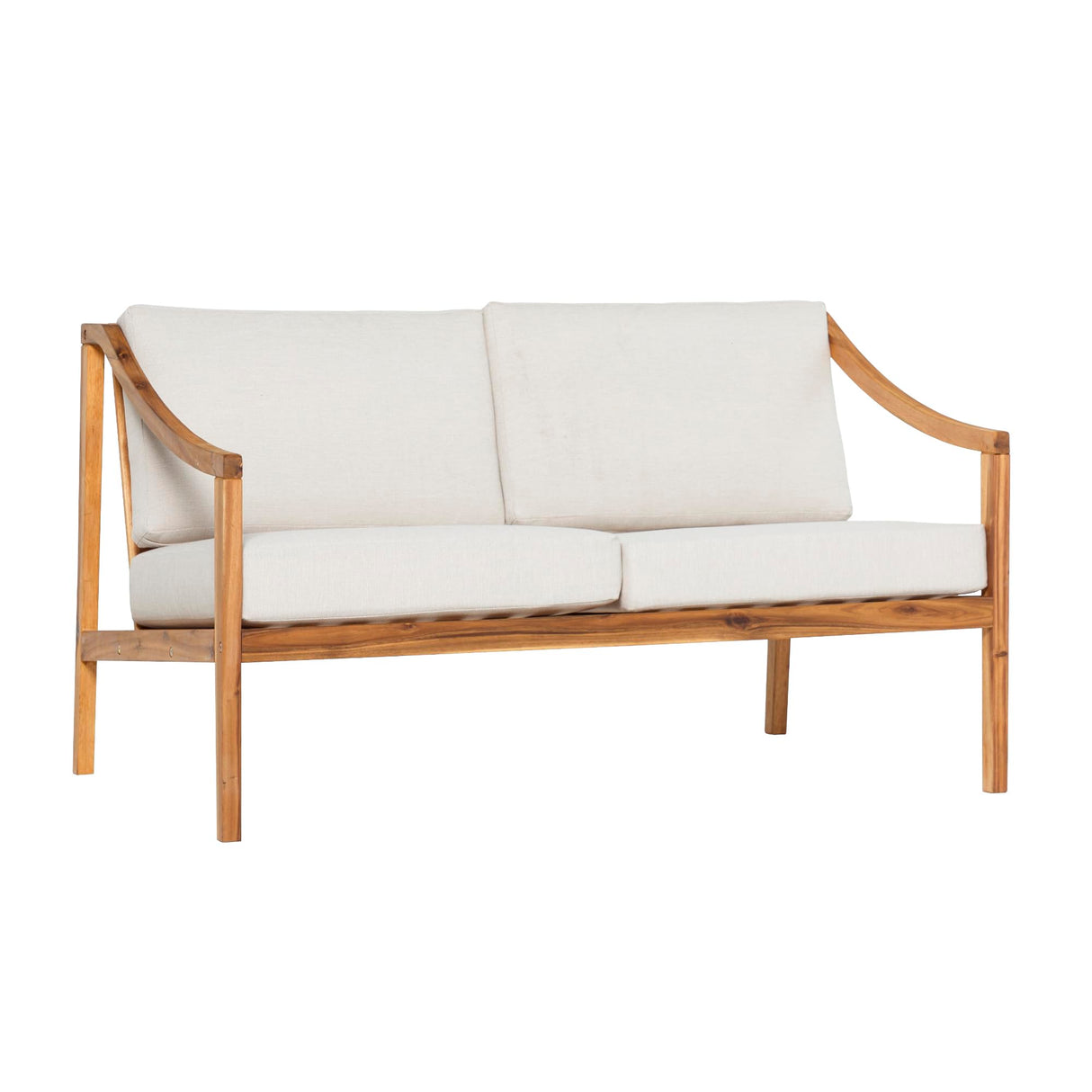 Modern Solid Wood Curved-Arm Cushioned Outdoor Loveseat, 50 Inch, Natural