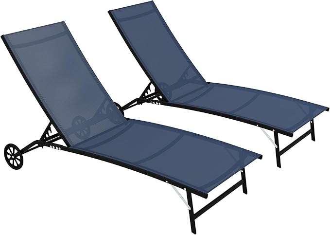 Outdoor, 2 Piece Lounge Chair with Wheels, Tanning Chair with 5 Adjustable Positions