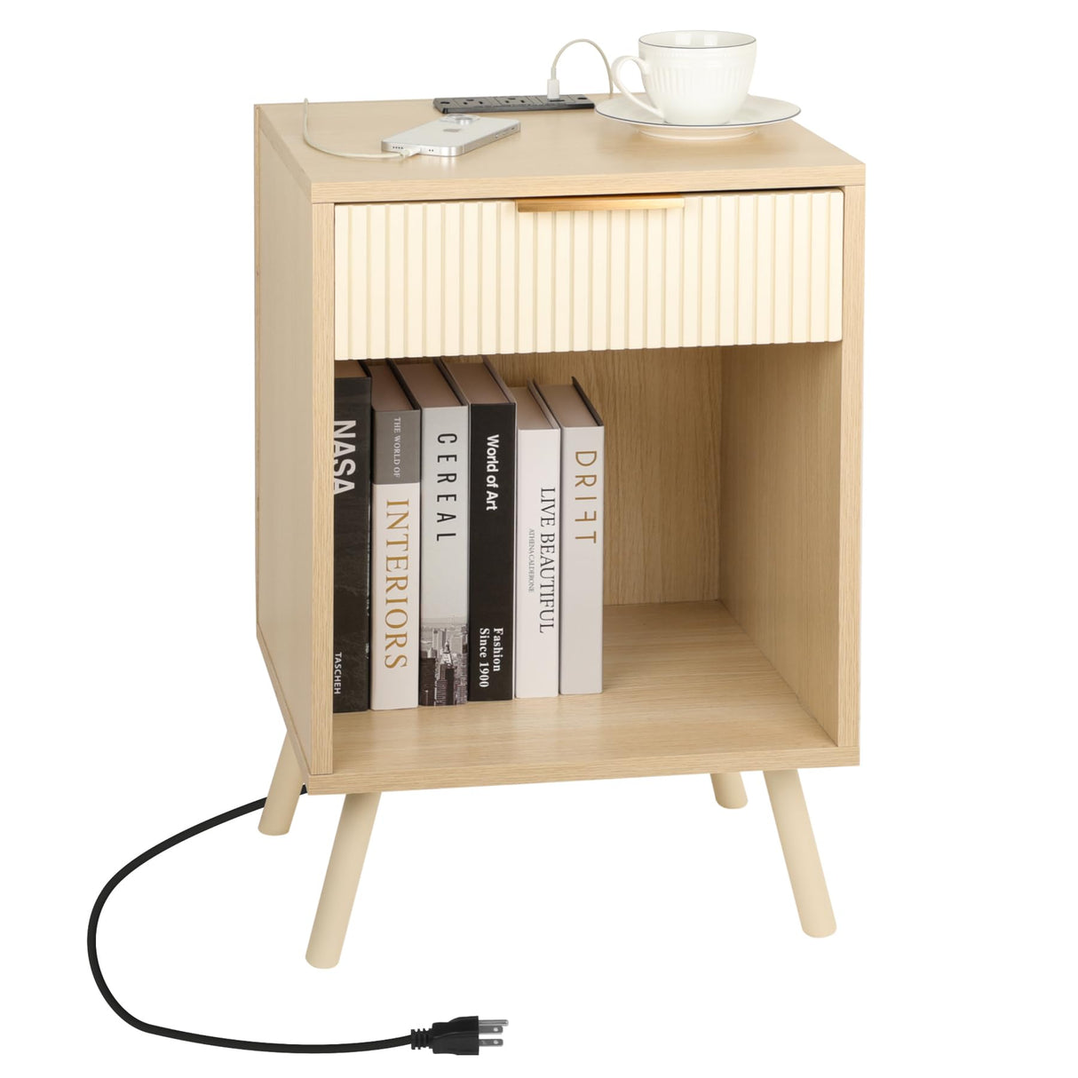 Night Stands with Charging Station，Side Tables Bedroom with Drawers and Storage