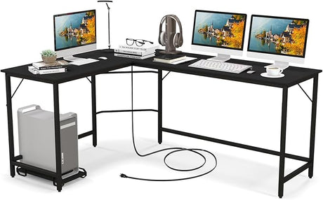 Tangkula L-Shaped Office Desk with CPU Stand, L Shaped Corner Desk with Power Outlets, USB Ports, Sturdy Metal Frame, Space-Saving Computer Desk for Home, Office, Gaming Desk, Computer Workstation