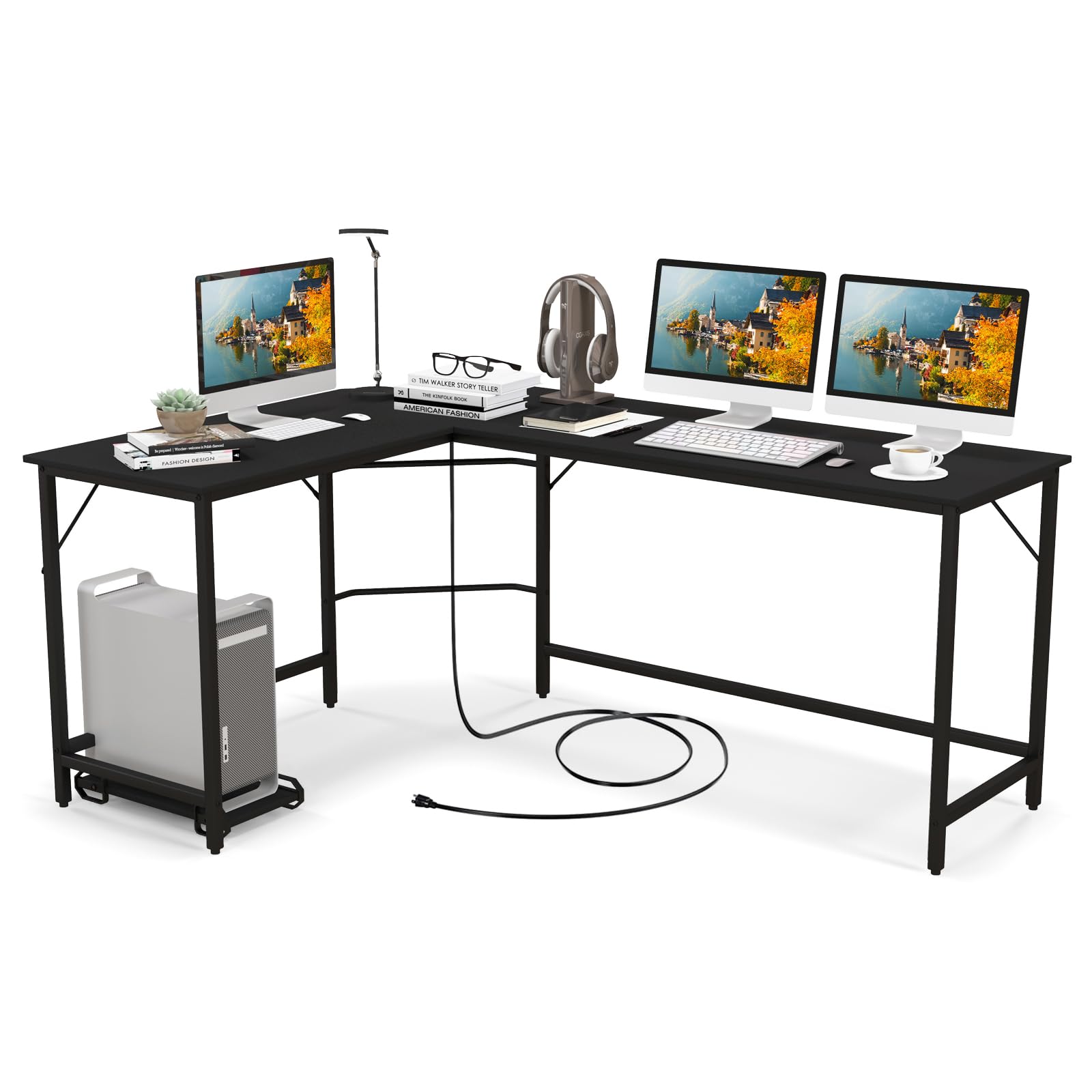 Tangkula L-Shaped Office Desk with CPU Stand, L Shaped Corner Desk with Power Outlets, USB Ports, Sturdy Metal Frame, Space-Saving Computer Desk for Home, Office, Gaming Desk, Computer Workstation