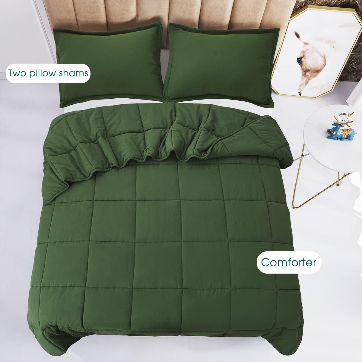 3pc Prewashed Green Queen Size Comforter Duvet Insert - All Season Quilted Down Alternative Comforter