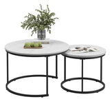 Round Nesting Coffee Table Set of 2, 27.6 inch White Marble Pattern Wooden Table Top