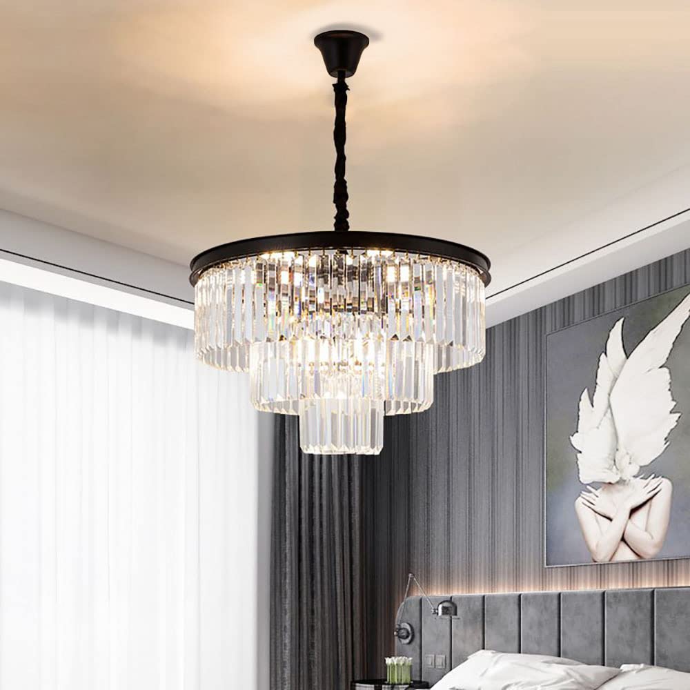 Crystal Pendant Light, Modern 3-Tier Chandelier Black Flush Mount Close to Ceiling