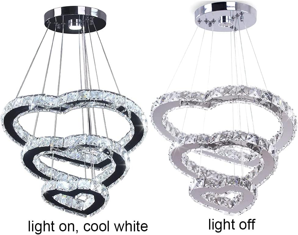 Modern 3 Ring Crystal Heart Chandelier Light Fixture LED Pendant Lighting Stainless Steel