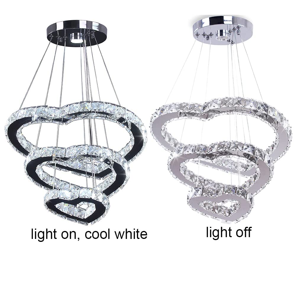 Modern 3 Ring Crystal Heart Chandelier Light Fixture LED Pendant Lighting Stainless Steel