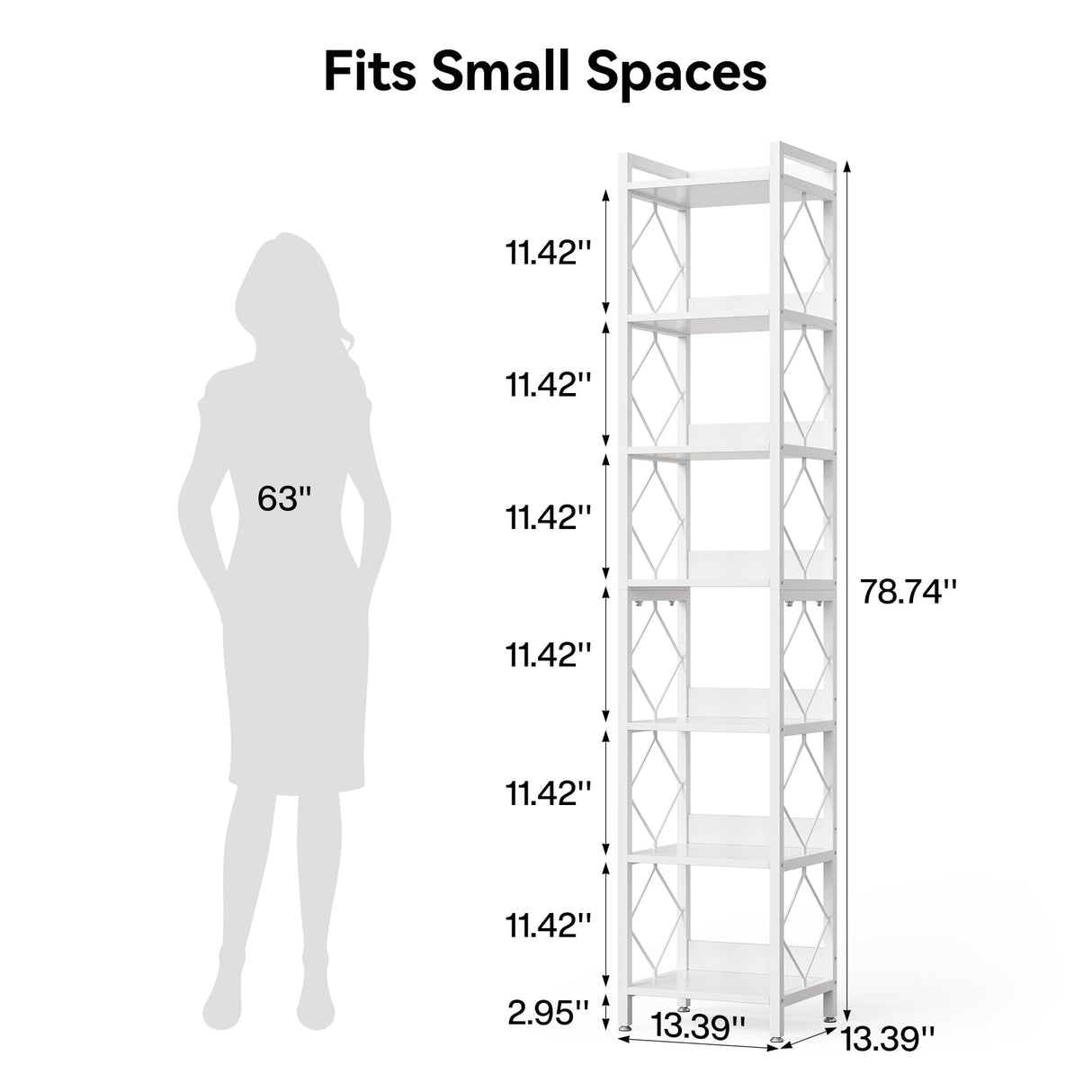 Book Shelf, 7-Tier Tall Bookcase, 78.7" Wooden Display Shelves with Sturdy Metal Frame for Living Room, Modern Narrow Standing Bookshelves for Bedroom, White Office Shelf for Small Spaces