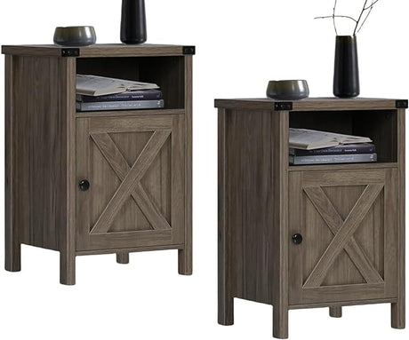 Farmhouse End Table, Set of 2, Rustic Night Stand with Barn Door and Storage Shelf