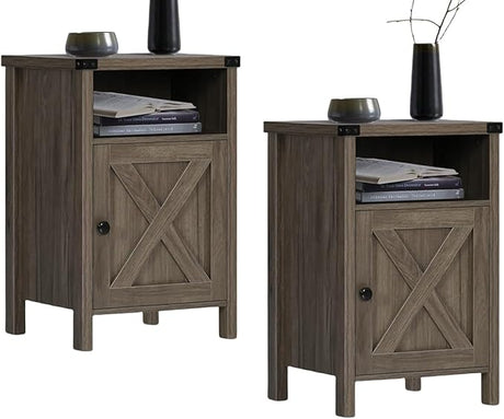 Farmhouse Nightstand, End Table, End Tables with Barn Door and Shelf, Modern Bed Side