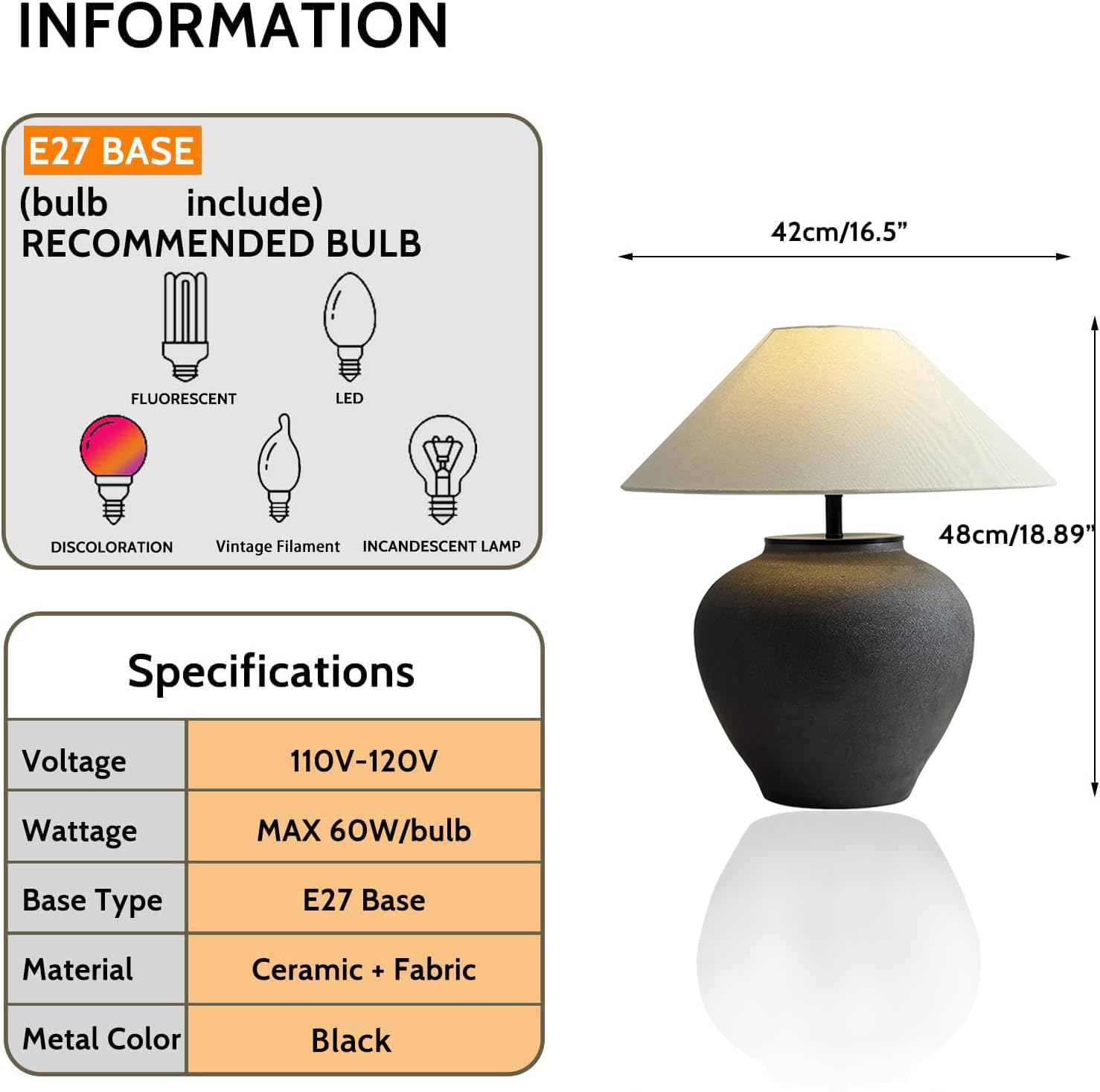 Farmhouse Ceramic Table Lamp 18.8" Black