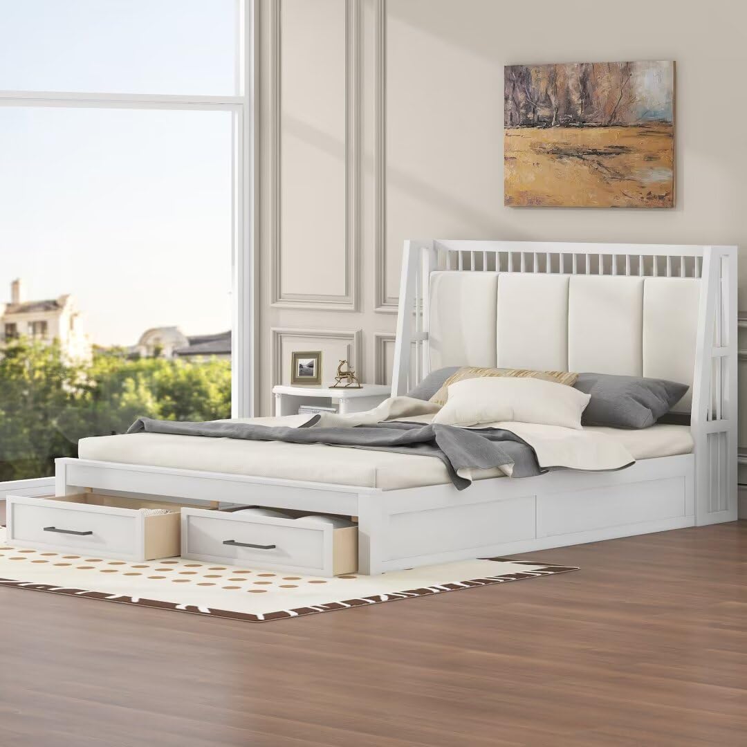 JIJIWANG Queen Size Wood Platform Bed with Upholstered Headboard and 2 Drawers, Antique White