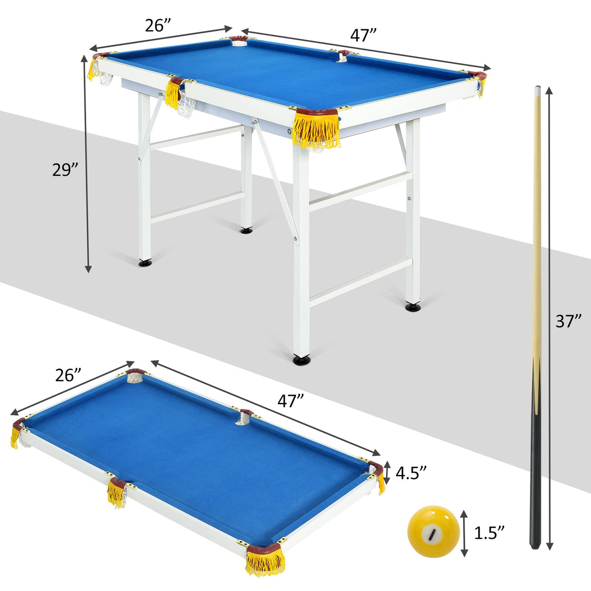 Folding Pool Table, Mini Pool Game Table with 2 Cue Sticks, 16 Balls, Triangle