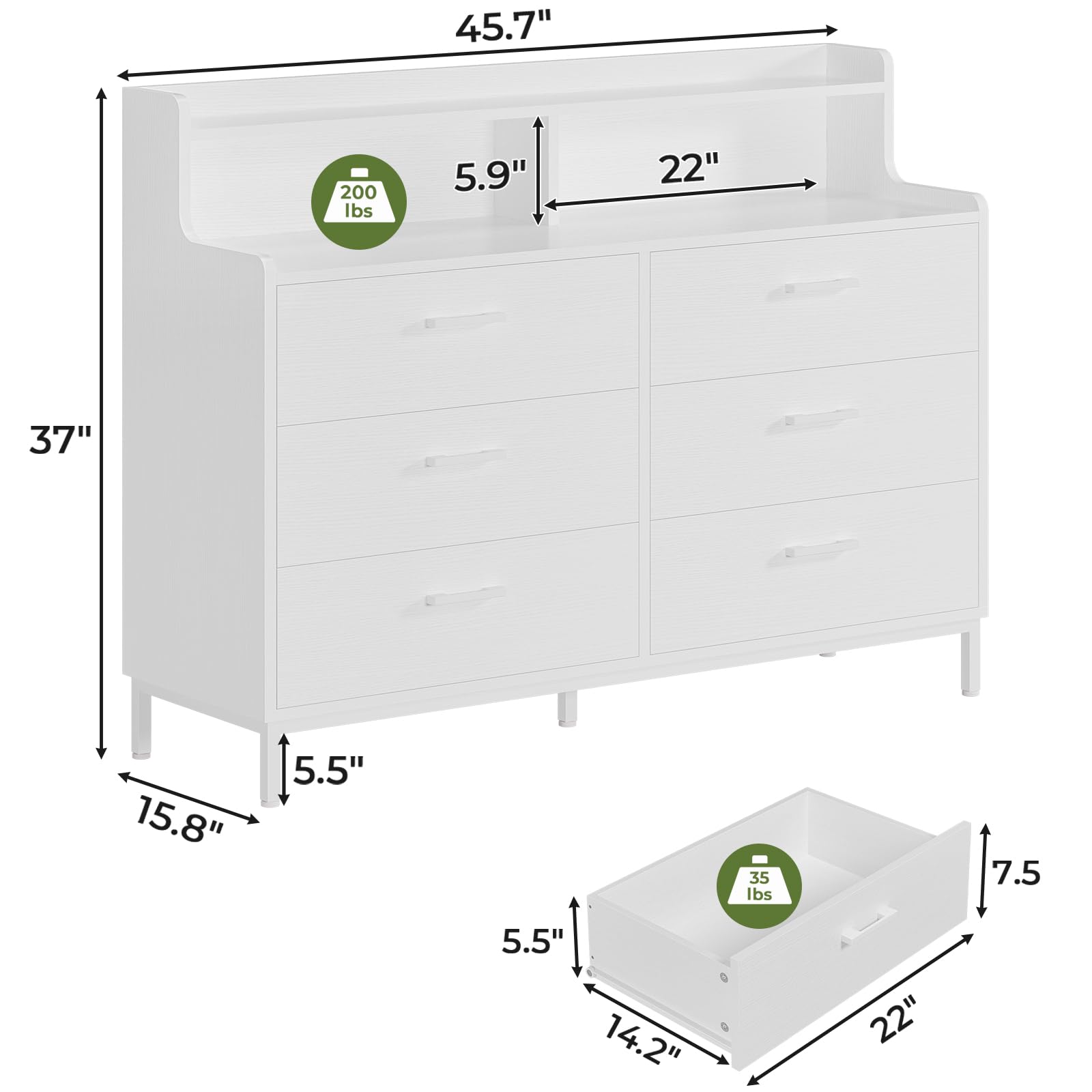 6 Drawers Double Dresser with Shelves, Large Wooden Storage Tower Organizer