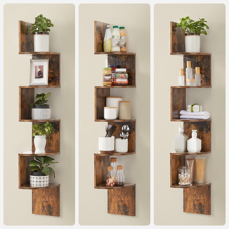 Corner Shelf Wall Mount, 5-Tier Floating Corner Bookshelf, Plant Shelf for Bedroom, Living Room, Bathroom, Home Office, Rustic Brown ULBC72BX