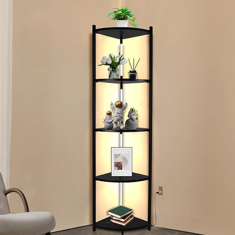 5-Tier Corner Shelf with Light, White Corner Bookshelf with Metal Frame, Tall Display Shelf Stand for Living Room Bedroom Office Decor