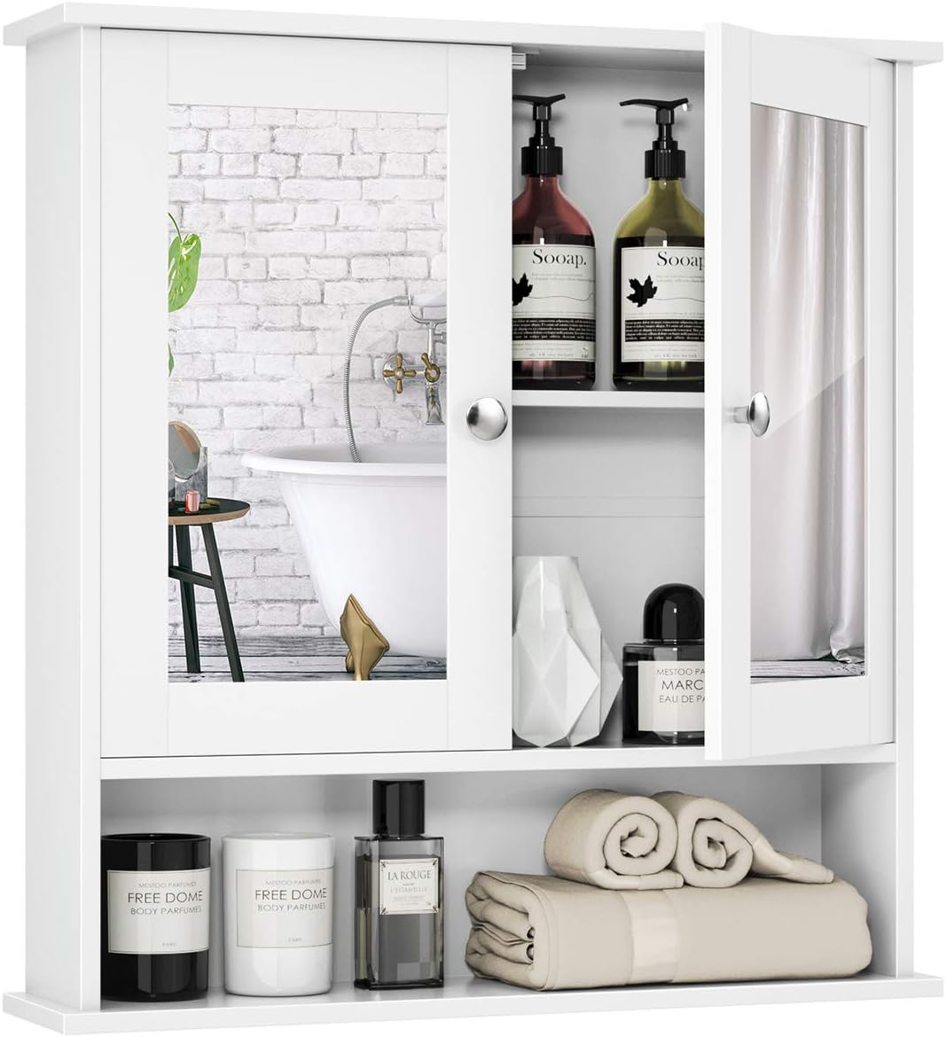 Bathroom Cabinet, Wall Mount Storage Cabinet with Double Mirror Doors