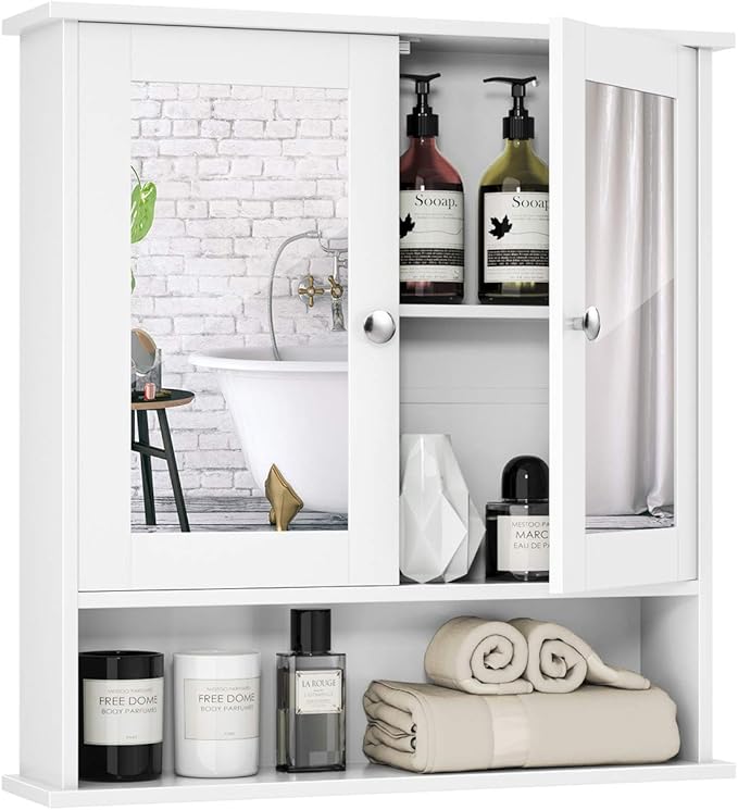 Bathroom Cabinet, Wall Mount Storage Cabinet with Double Mirror Doors
