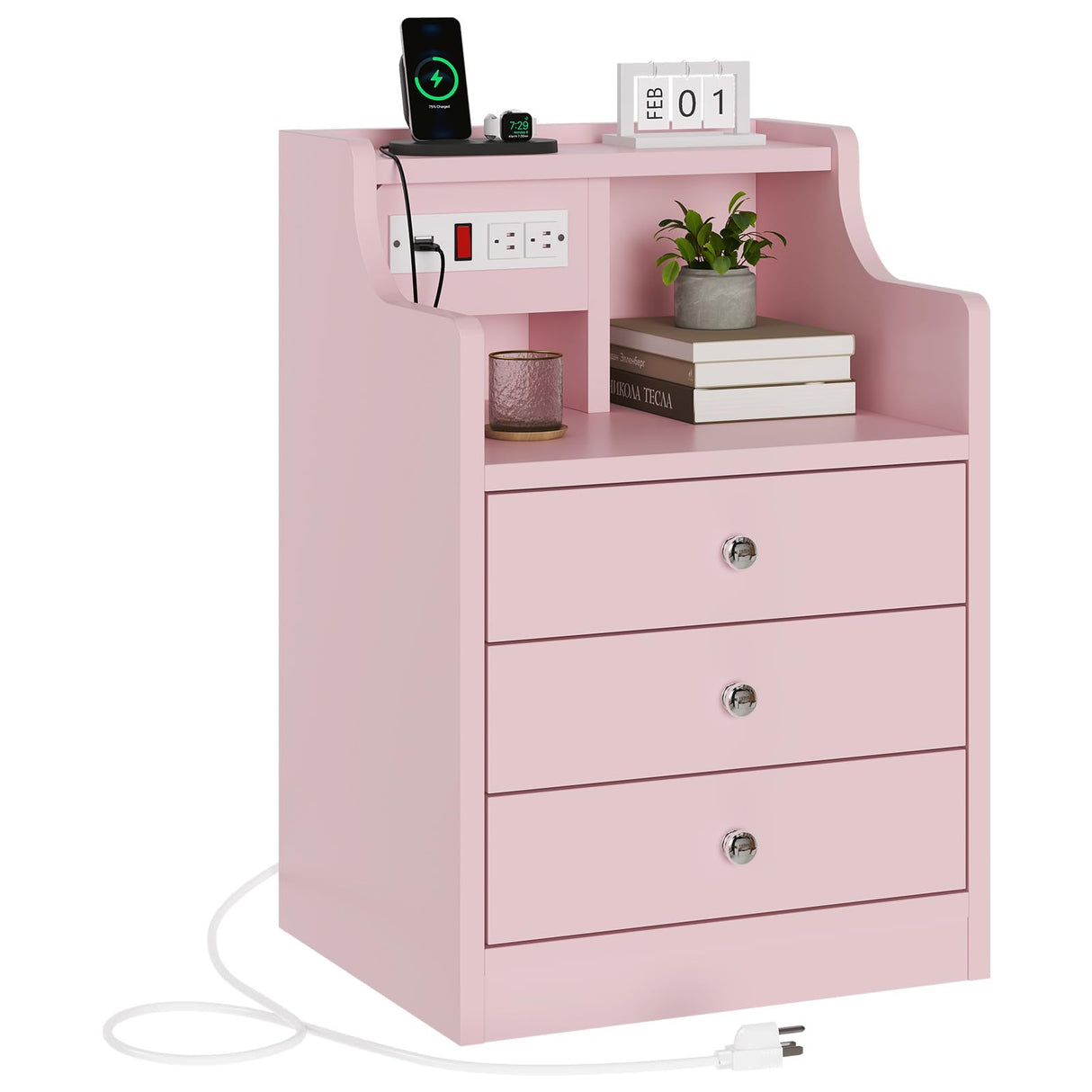 Nightstand with Charging Station,Pink Night Stand with Hutch,Bedside Table with Drawers,