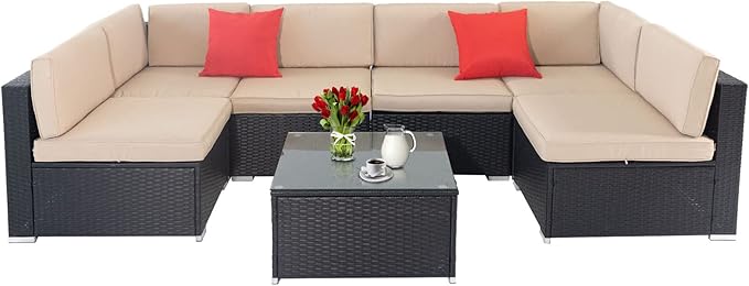 7-Piece Outdoor Patio Sofa, All Weather Black Brown Wicker Sectional Furniture