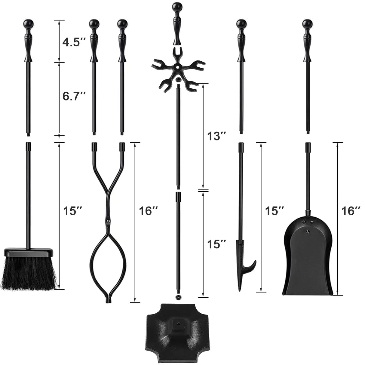 5 Pcs Fireplace Tools Sets Black Handle Wrought Iron Large Fire Tool Set