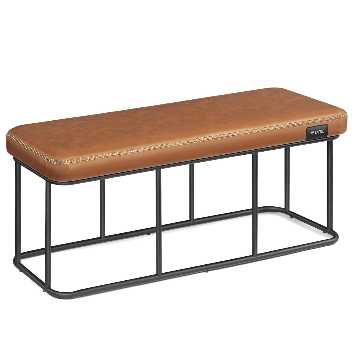 Collection - Bench for Entryway Bedroom, Synthetic Leather with Stitching, Ottoman Bench with Steel Frame, Living Dining Room, Mid-Century Modern, Loads 660 lb, Caramel Brown ULOM073K01