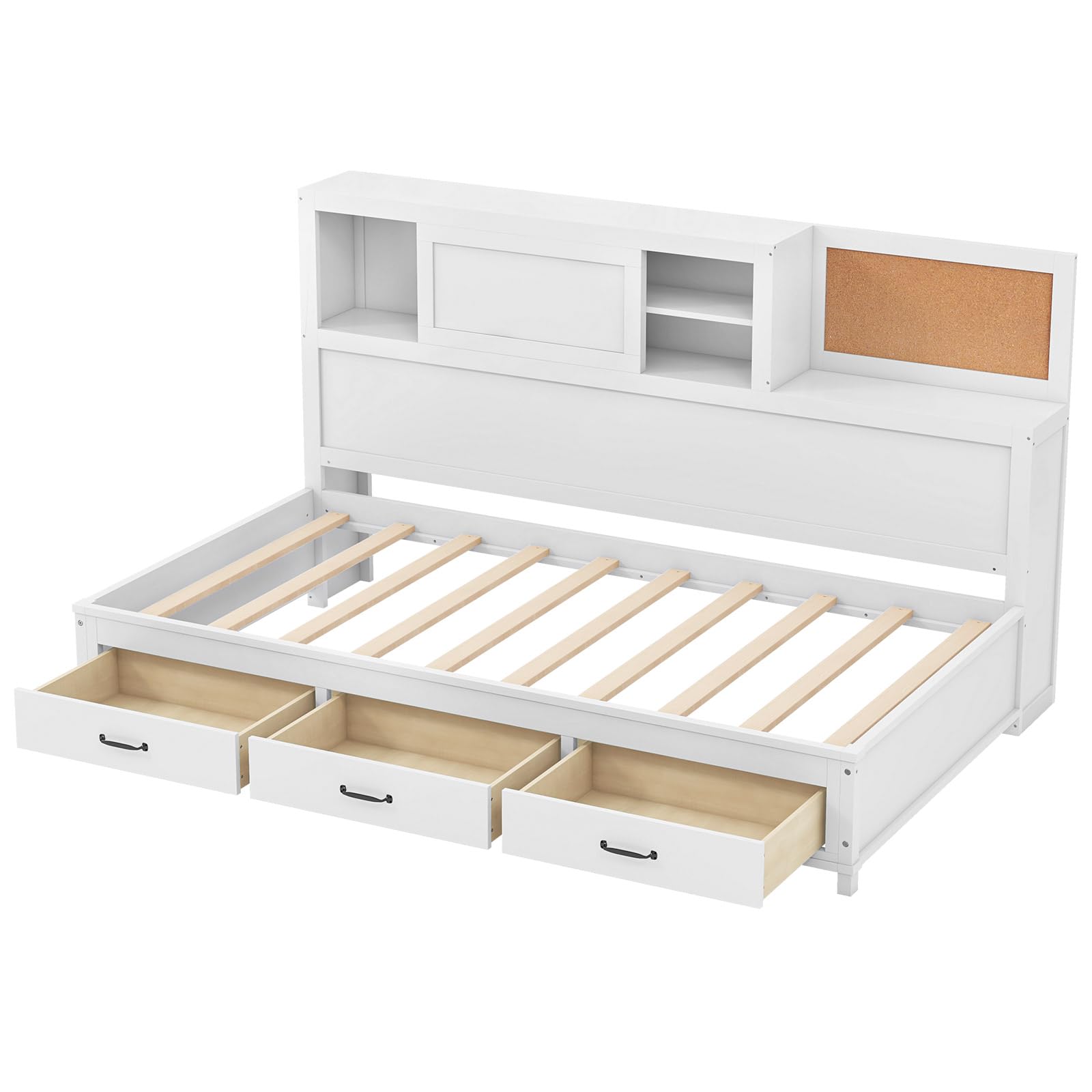 Storage, Wooden Day Bed with 3 Storage Drawers, Shelves, Cork Board & Sliding Door,