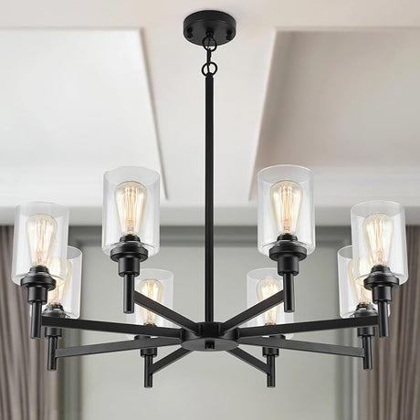 Farmhouse Chandelier with Cylinder Clear Glass 6 Light Vintage Black Bedroom Kitchen