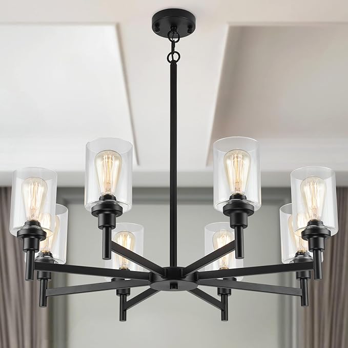 Farmhouse Chandelier with Cylinder Clear Glass 6 Light Vintage Black Bedroom Kitchen